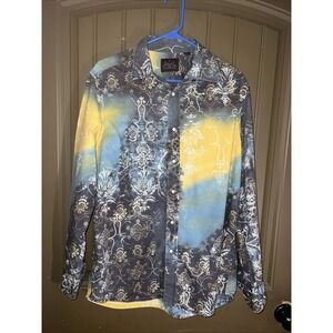 Vintage INDIGO PALMS L Shirt Colorful Embroidered White Button Up 90s 100% Cotto